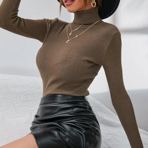 rib knit turtleneck sweater casual brown - Picture 5 of 6